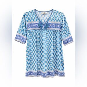 SZ BLOCKPRINTS Boho Tassel Tunic Top | Blue Block Print | Girls L